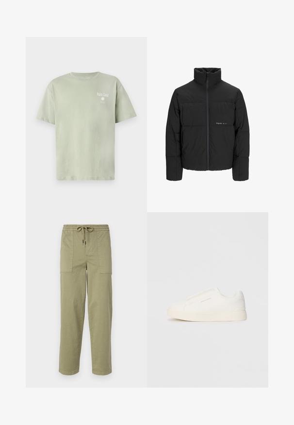 Black puffer jacket featuring a high collar, front zip closure, and quilted design. Smooth fabric with a subtle logo on the chest.; Light green cotton t-shirt with short sleeves, featuring the text "Palm Coast" and a sun graphic in white on the front.; Light olive green pants made of cotton blend fabric, featuring an elastic waistband with drawstring, and two large side pockets.; White slip-on sneakers with a textured surface, a thick sole, and minimalistic design. Features brand logo on the side.