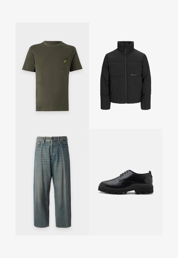 Čierna puffová bunda s vysokým golierom, predným zipsom a prešívaným dizajnom. Hladká tkanina s jemným logom na hrudi.; Olivovo zelené bavlnené tričko s okrúhlym výstrihom, krátkymi rukávmi a ľavým vreckom na hrudi, na ktorom je malé žlté logo. Hladká textura.; Svetlomodré denimové nohavice so voľným strihom, stredne vysokým pásom a rovnými nohavicami. Obsahujú päť vreciek, pútka na opasok a zapínanie na gombík.; Čierne kožené topánky s hladkým povrchom, s viazaním a hrubou, robustnou gumovou podrážkou s hlbokými vzormi pre lepšiu trakciu.
