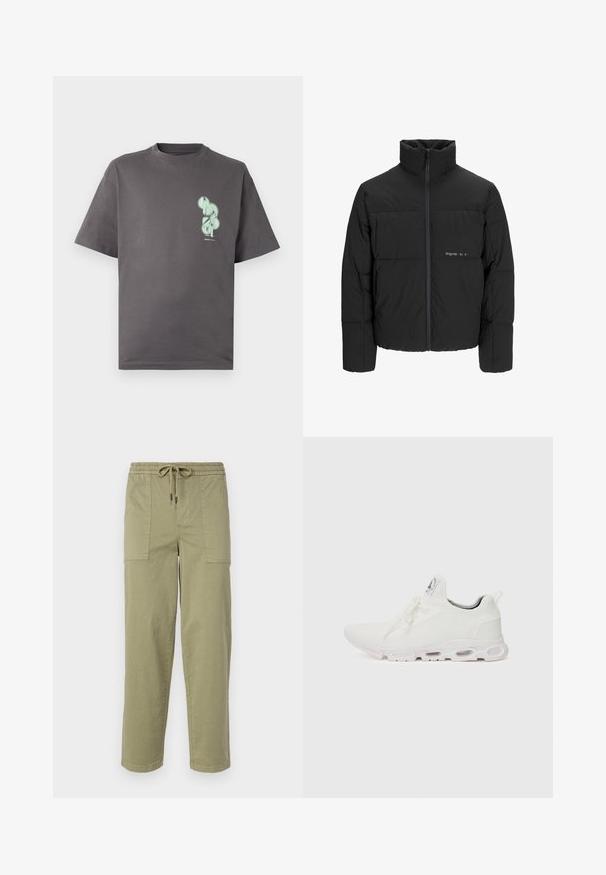 Crna puffer jakna s visokim ovratnikom, prednjim zatvaračem i kviltanim dizajnom. Glatka tkanina s suptilnim logotipom na prsima.; Siva pamučna majica s okruglim izrezom i kratkim rukavima, s mint zelenim grafičkim dizajnom na lijevoj strani prsnog dijela.; Svijetlo maslinasto zelene hlače od mješavine pamuka, sa elastičnom strukom i vezicom, te dva velika bočna džepa.; Bijele atletske tenisice s gornjim dijelom od teksturiranog pletenog materijala, ravnim vezicama i jastučićem u potplatu s vidljivim zračnim komorama radi dodatne potpore.