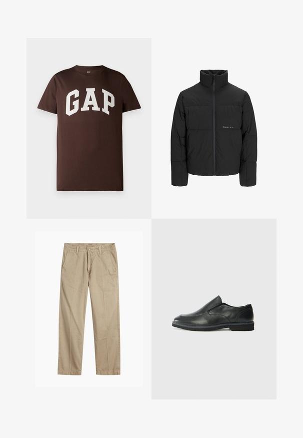 Crna puffer jakna s visokim ovratnikom, prednjim zatvaračem i kviltanim dizajnom. Glatka tkanina s suptilnim logotipom na prsima.; Smeđa pamučna majica kratkih rukava s bijelim "GAP" logoom u podebljanom, školskom fontu. Okrugli izrez. Glatka tekstura.; Bež chinos hlače ravnog kroja s petljama za remen, prednjim gumbom i zatvaranjem nazip, te kosi prednjim džepovima.; Crne kožne cipele na sklapanje s glatkom gornjom površinom, prošivenim detaljima, zaobljenim vrhom i niskim gumene potplate. Potplat ima minimalne uzorke.