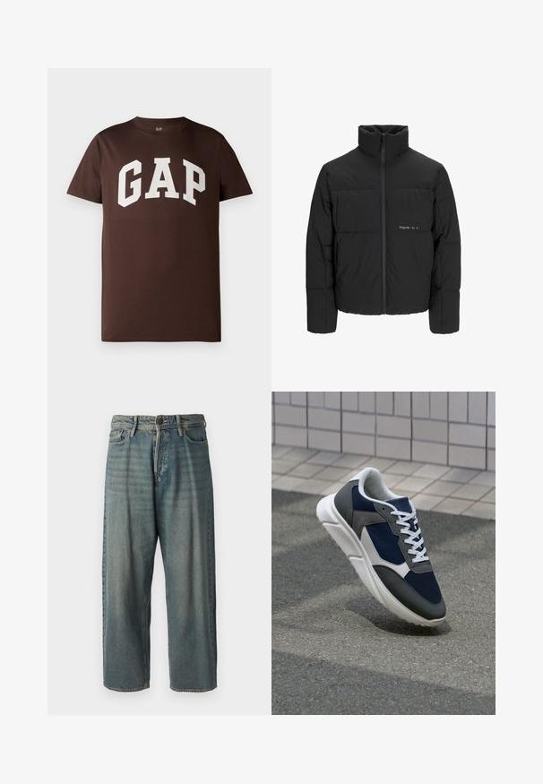 Sort dunjakke med høj krave, frontlynlås og quiltet design. Glat materiale med en diskret logo på brystet.; Brun bomulds T-shirt med et hvidt "GAP" logo i en fed, kollegial skrifttype. Korte ærmer og en rund halsudskæring. Glat tekstur.; Lyseblå denim jeans med løs pasform, mellemhøj talje og lige ben. Har fem lommer, bæltestropper og en knappelukning.; Sneakers med en overdel i marineblå mesh, grå suedeteksturer, hvid gummisål og flade hvide snørebånd, designet til komfort og åndbarhed.