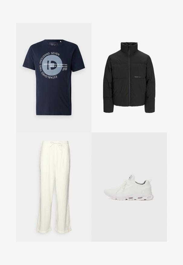 Črni pufast plašč z visokim ovratnikom, sprednjim zadrgo in prešitjem. Gladka tkanina z diskretnim logotipom na prsih.; Temno modra bombažna majica s kratkimi rokavi, ki ima okroglo grafično zasnovo in bel napis, vključno z "NORTHERN DESIGN CRAFTING."; Linen hlače v svetlo bež barvi z elastičnim pasom, nekoliko širokimi hlačnicami in zavitimi manšetami za sproščen kroj. Brez žepov.; Bela atletska obuća z značilnom pletenom gornjom stranom, ravnim vezicama i podlogom s jastučićem koja ima vidljive zračne komore za dodatnu potporu.