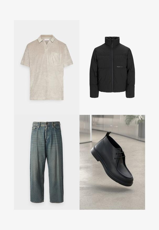 Črni pufast plašč z visokim ovratnikom, sprednjim zadrgo in prešitjem. Gladka tkanina z diskretnim logotipom na prsih.; Bež srajca s kratkimi rokavi iz mehkega, teksturiranega materiala, z ovratnikom in eno prsno žepom.; Svetlomoderne kavbojke z ohlapnim krojem, srednjim pasom in ravnimi nogami. Imajo pet žepov, zanke za pas in zapiranje na gumb.; Črne usnjene čevlje z gladko teksturo, zaobljenim nosom in vezikami; ima nizek profil podplata in zanko na hrbtni strani.