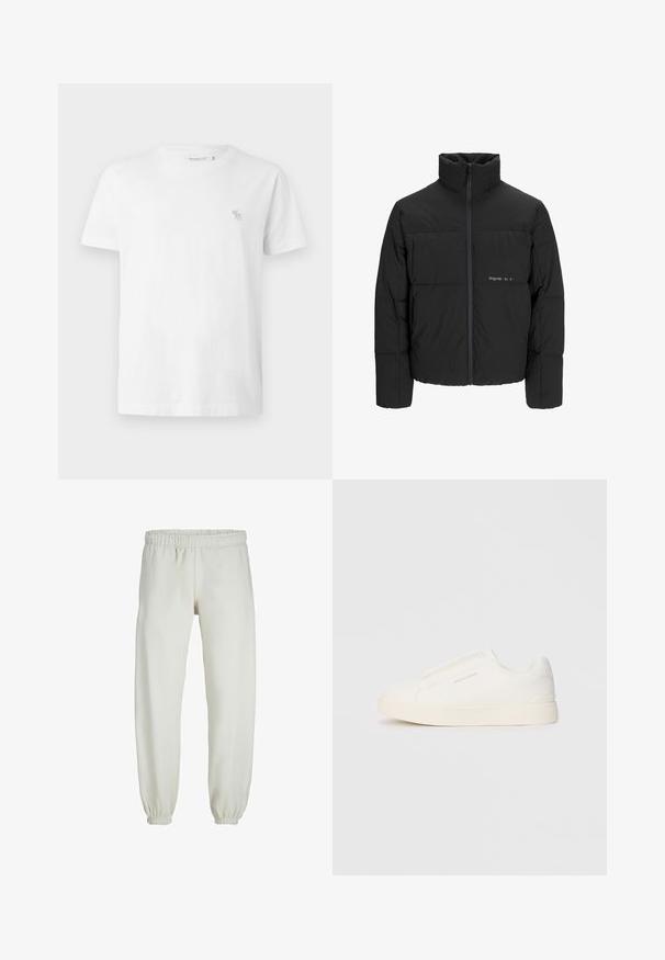 Zwarte pufferjas met een hoge kraag, ritssluiting aan de voorkant en een quilted design. Glad materiaal met een subtiel logo op de borst.; Witte katoenen T-shirt met korte mouwen, ronde halslijn en een klein grijs geborduurd logo op de linkerborst. Glad textuur.; Witte sweatpants gemaakt van zachte stof, met een elastische tailleband en boorden, een gladde textuur en een losvallend ontwerp.; Witte instap sneakers met een gestructureerd oppervlak, een dikke zool en een minimalistisch ontwerp. Bevat het merklogo aan de zijkant.