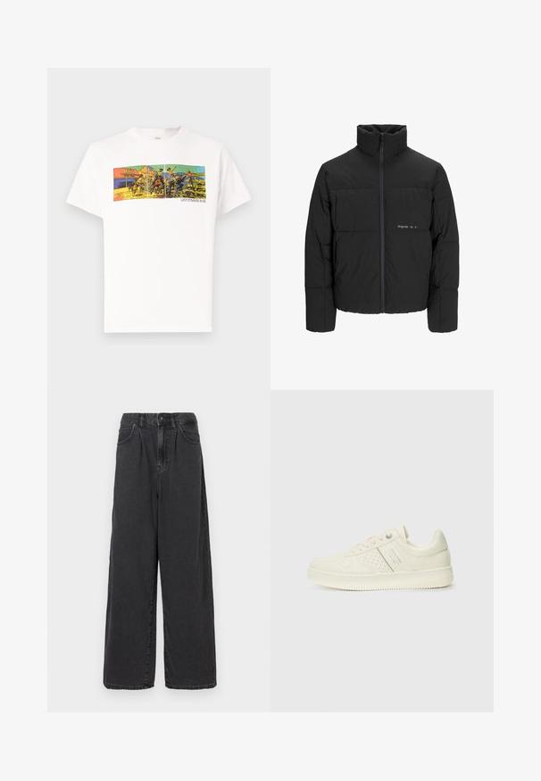 Sort dunjakke med høj krave, frontlynlås og quiltet design. Glat materiale med en diskret logo på brystet.; Hvid bomulds t-shirt med et farverigt grafisk print, der viser en western scene med teksten "LEVI STRAUSS & CO." nederst.; Bredde ben, høj talje sorte denimbukser med frontknap og lynlås, der har sidelommer og en glat overflade.; Cremefarvet sneaker med perforeret detaljering, snørebånd og logo på siden, præsenteret mod en simpel hvid baggrund.