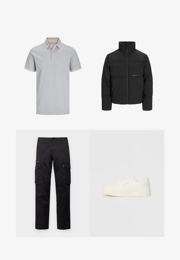 Svart puffjacka med hög krage, främre dragkedjestängning och quiltat mönster. Slätt tyg med en subtil logotyp på bröstet.; Ljusgrå pikétröja med krage, tvåknapppakning och kontrasterande persikofärgade ränder på kragen och ärmarna. Enkel logotyp som accent.; Svarta cargobyxor med flera fickor, en blixtlåsficka på låret, rak passform och slitstigt bomullstyg med lätt glans.; Vita slip-on sneakers med en texturerad yta, en tjock sula och minimalistisk design. Har varumärkeslogotypen på sidan.