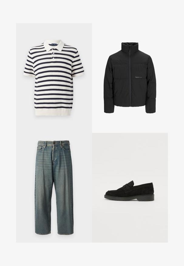 Doudoune noire avec un col haut, fermeture éclair sur le devant et design matelassé. Tissu lisse avec un logo subtil sur la poitrine.; Polo rayé avec des bandes alternées bleu marine et crème, manches courtes, col côtelé et patte de boutonnage à trois boutons. Texture tricotée.; Jeans en denim bleu clair avec une coupe ample, taille mi-haute et jambes droites. Comprend cinq poches, des passants de ceinture et une fermeture à bouton.; Mocassins en cuir suédé noir à talon bas, avec une band simple sur le dessus et des détails texturés le long des côtés.