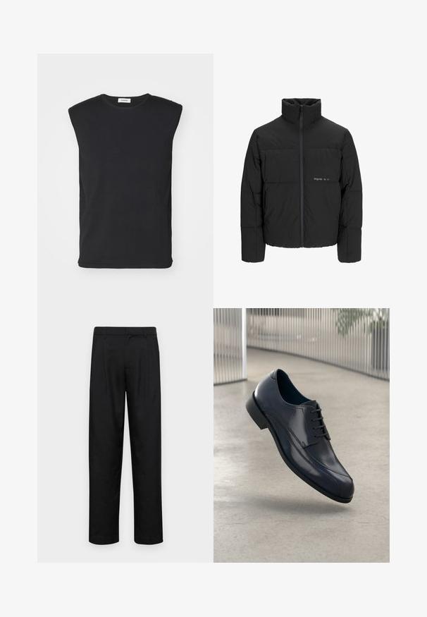 Czarna kurtka puchowa z wysokim kołnierzem, z przodu na zamek błyskawiczny i pikowanym wzorem. Gładki materiał z subtelnym logo na piersi.; sandro PABLO czarny; Czarne spodnie wykonane z gładkiego materiału, z prostą nogawką, dwoma fałdami z przodu oraz standardowym paskiem z wypustkami na pasek.; Lśniący czarny skórzany but na obcasie z sznurówkami, unoszący się nad gładką, jasnoszarym podłogą oraz pionowymi metalowymi prętami w tle.