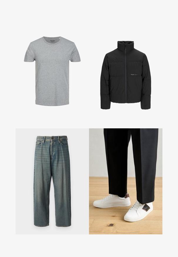 Black puffer jacket featuring a high collar, front zip closure, and quilted design. Smooth fabric with a subtle logo on the chest.; Gray short-sleeve T-shirt made of soft cotton. Features a classic crew neckline and a regular fit. Simple design with no patterns or accents.; Light blue denim jeans with a loose fit, mid-rise waist, and straight legs. Features five pockets, belt loops, and a button closure.; White sneakers with smooth texture, featuring brown leather accents and black detailing, paired with black tailored pants. Wooden floor background.