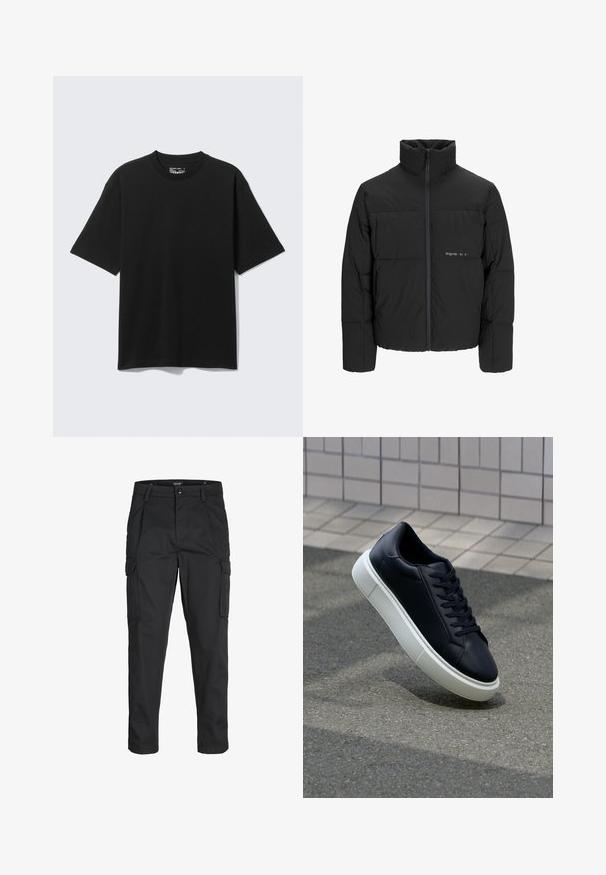 Mustra musta puffer-jakk, millel on kõrge krae, eesne tõmblukku ja tikandiga disain. Sile kangas, millel on rindkeres diskreetne logo.; Must puuvillane T-särk lühikeste varrukatega, ümar kaelusega ja lõdva istuvusega. Riie on sileda tekstuuriga, ilma nähtavate mustrite või aktsentideta.; Mustad mustapõlvik, mis on valmistatud tugeva koe kasutades, sisaldab mitmeid taskuid, nupule kinnitatav sulgemine ja kitsenev disain.; Mustast nahast tennisetoss, millel on ümar nina ja valge kummist tall. Omab siredaid paelu ja minimaalset õmblemist ülemises osas. Tekstuuriga tald, mis tagab haakuvuse.