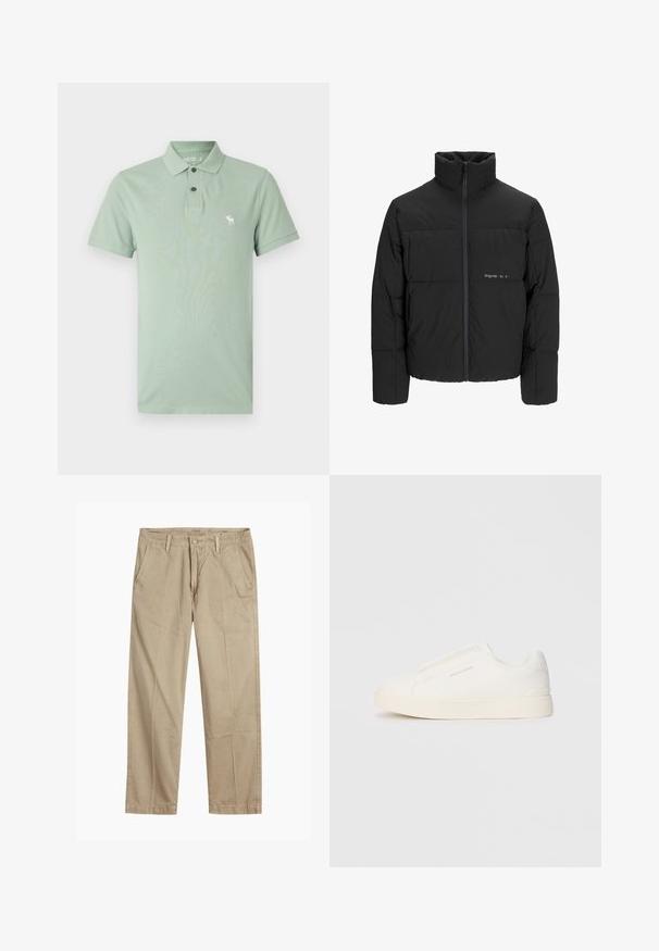 Giubbotto bomber nero con colletto alto, chiusura frontale con zip e design trapuntato. Tessuto liscio con un logo discreto sul petto.; Abercrombie & Fitch Icon Don't Sweat It Polo - Polo - basil; Chinos beige a gamba dritta con passanti per cintura, chiusura frontale a bottone e zip, e tasche laterali inclinati.; Sneakers bianchi slip-on con superficie texturizzata, suola spessa e design minimalista. Presentano il logo del marchio sul lato.