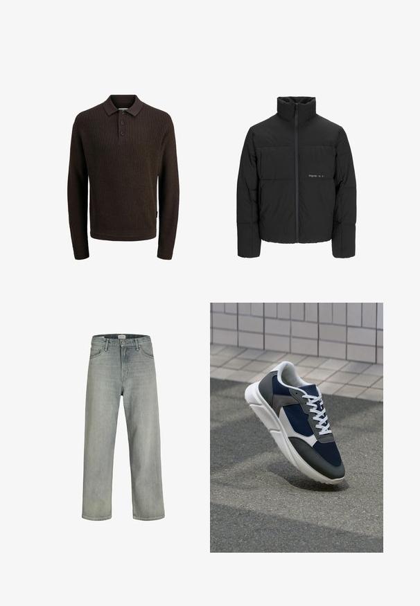 Mustra musta puffer-jakk, millel on kõrge krae, eesne tõmblukku ja tikandiga disain. Sile kangas, millel on rindkeres diskreetne logo.; Pruunist lõngast kootud pika varrukaga polo sviiter, millel on soonik tekstuur, kolme nupuga kinnitus ja klassikaline krae.; Heledad hallhallid, laia lõikega denimist teksased. Omavad klassikalist viie tasku disaini, vööloopse ja sirget säärelõiget.; Sneaker, mille sinine võrkkangas, hallid nubukdetailid, valge kummitald ja lamedad valged paelad, disainitud mugavuseks ja hingavuseks.