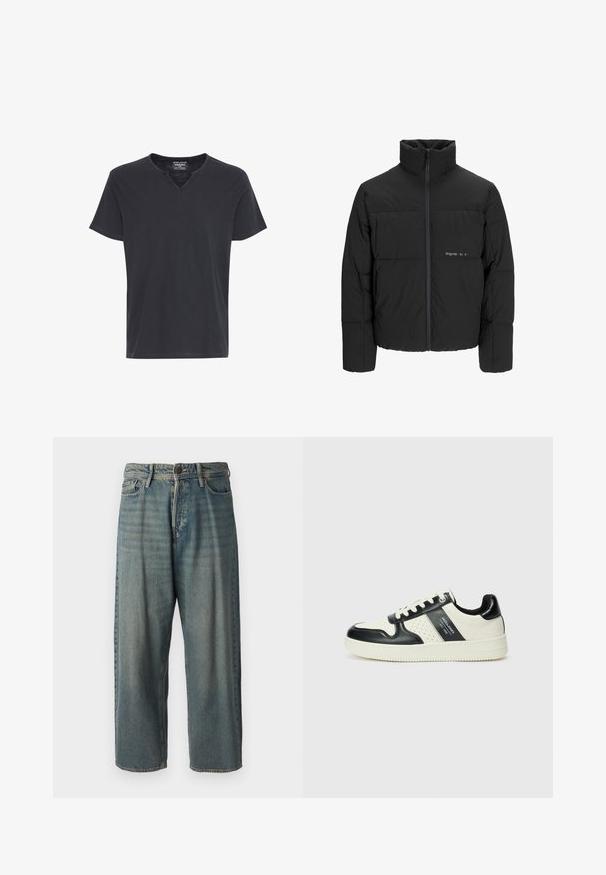 Juodas pūkinis švarkas su aukštu apykakle, priekiniais užtrauktukais ir kvadratinės siuvimo dizainu. Lygus audinys su subtiliu logotipu krūtinėje.; Vyriška tamsiai pilka trumpomis rankovėmis V formos iškirptės marškinėliai. Pagaminti iš minkštos medžiagos, laisvai krentančios, su kontrastingomis siūlėmis aplink iškirptę ir rankoves.; Šviesiai mėlyni džinsai su laisvu siluetu, vidutinio aukščio juosmeniu ir tiesiomis kojomis. Su penkiais kišenėmis, diržo kilpo ir mygtukų uždarymu.; Odiniai sportbačiai juodos ir kreminės spalvų schemoje, su perforuotais akcentais, paminkštinta apykakle ir tekstūruotu padu.