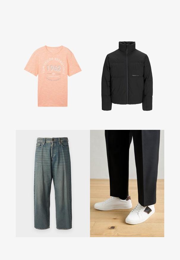 Černá péřová bunda s vysokým límcem, předním zipem a prošívaným designem. Hladká tkanina se subtilním logem na hrudi.; Svetle broskvové tričko s krátkým rukávem vyrobené z měkké tkaniny. Obsahuje kulatý výstřih a přední grafiku s nápisy "1962" a "TOM TAILOR ESSENTIALS" v šedé barvě.; Světle modré denimové džíny s volným střihem, středně vysokým pasem a rovnými nohavicemi. Obsahují pět kapes, poutka na opasek a zapínání na knoflík.; Bílé tenisky s hladkým povrchem, s hnědými koženými akcenty a černými detaily, kombinované s černými kalhotami na míru. Pozadí tvoří dřevěná podlaha.