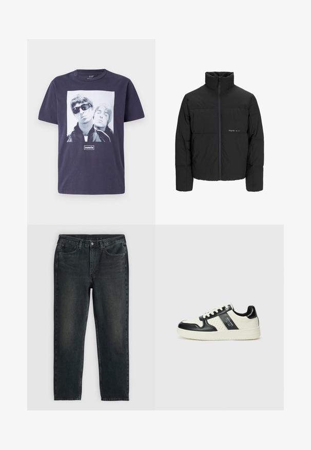 Juodas pūkinis švarkas su aukštu apykakle, priekiniais užtrauktukais ir kvadratinės siuvimo dizainu. Lygus audinys su subtiliu logotipu krūtinėje.; Tamsiai mėlynas medvilninis marškinėliai su dideliu grafiniu spausdinimu, vaizduojančiu du vyriškus figūras. Tekstas "oasis" yra centruotas po vaizdu. Trumpi rankoviai, apvalus kaklas.; Tamsiai mėlynos džinsinės kelnės su tiesiu kirpimu, turinčios penkias kišenes, užtrauktuką ir kontrastingas siūles. Audinys šiek tiek nublukęs.; Odiniai sportbačiai juodos ir kreminės spalvų schemoje, su perforuotais akcentais, paminkštinta apykakle ir tekstūruotu padu.