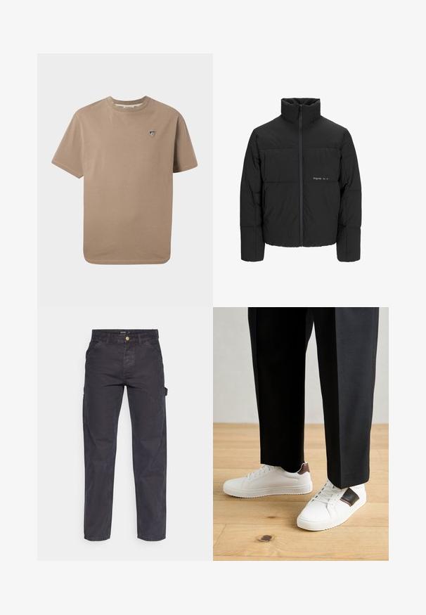 Chaqueta acolchada negra con un alto cuello, cierre frontal de cremallera y diseño acolchado. Tejido suave con un logo sutil en el pecho.; Camiseta de algodón beige con cuello redondo, mangas cortas y un pequeño emblema bordado en el lado izquierdo del pecho. Textura suave con un corte relajado.; Pantalones cargo de color gris oscuro, confeccionados con un tejido duradero, que presentan un corte recto, cinco bolsillos y un cierre de botón en la cintura.; Zapatillas blancas con textura suave, con acentos de cuero marrón y detalles en negro, combinadas con pantalones negros ajustados. Fondo de suelo de madera.