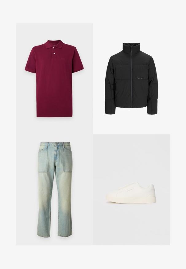Melnā pūka jaka ar augstu apkakli, priekšējo rāvējslēdzēju un quilted dizainu. Gluda auduma virsma ar maigu logotipu uz krūšu daļas.; Burgundijas polo krekls, izgatavots no kokvilnas, ar divu pogu aizdari, īsām piedurknēm un izšūtu logotipu uz krūts.; Gai zila denim auduma bikses ar taisnu kāju griezumu, redzamu izšuvumu un divām lielām priekšējām kabatām. Audumam ir izbalējusi tekstūra.; Baltas slip-on sporta apavi ar teksturētu virsmu, biezu zoli un minimālistisku dizainu. Sānos redzams zīmola logotips.