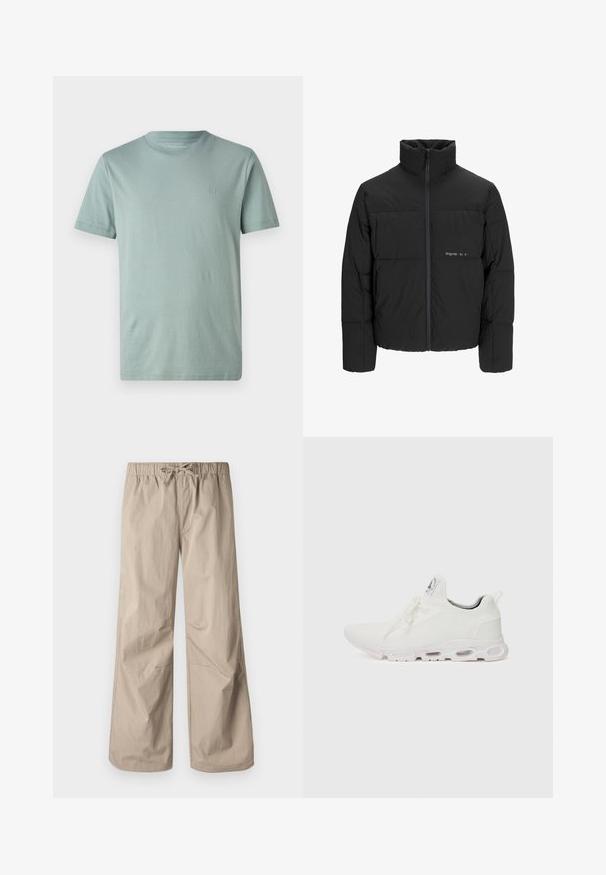 Jachetă puffer neagră, cu guler înalt, închidere cu fermoar pe față și design matlasat. Material neted cu un logo subtil pe piept.; Tricou scurt cu mânecă, de culoare verde deschis, confecționat dintr-un material moale, cu un guler rotund și un logo mic pe piept. Textură netedă, design minimalist.; Pantaloni largi beji cu talie elastică și șnur. Textură netedă, două buzunare laterale și cusături minime pentru un aspect relaxat.; Adidași albi cu un superior din țesătură texturată, șireturi plate și o talpă cu perne de aer vizibile pentru suport suplimentar.