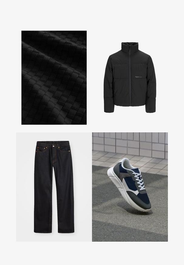Crna puffer jakna s visokim ovratnikom, prednjim zatvaračem i kviltanim dizajnom. Glatka tkanina s suptilnim logotipom na prsima.; Crni teksturirani materijal s tkanim uzorkom podignutih kvadrata, koji prikazuje glatku površinu i složene detalje.; Muške traperice ravnog kroja, crne boje, s pet džepova i narančastim šavovima, sa zatvaranjem na dugme i patentni zatvarač na prednjem dijelu struka.; Tenisice s gornjim dijelom od mrežastog materijala tamnoplave boje, siva antilopova naglašavanja, bijela gumena potplat i ravne bijele vezice, dizajnirane za udobnost i prozračnost.