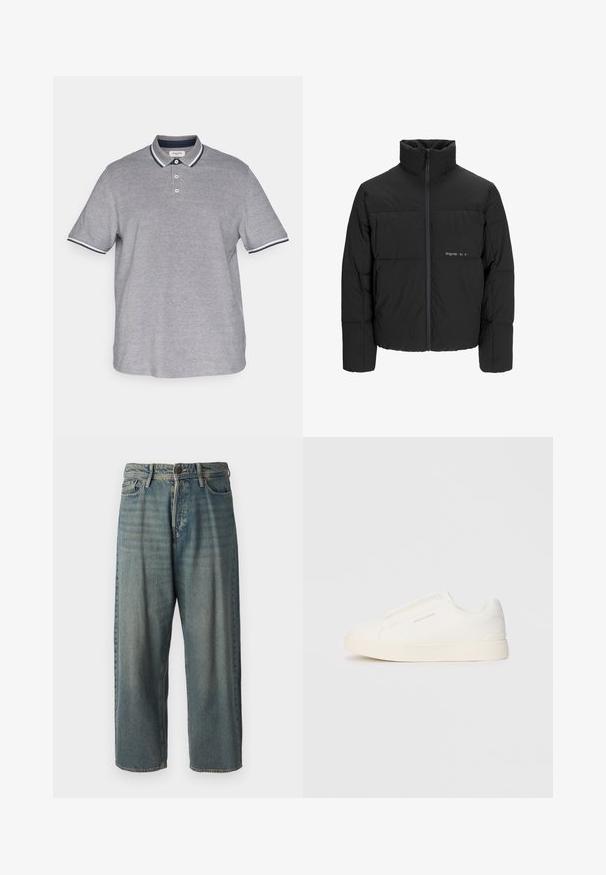Čierna puffová bunda s vysokým golierom, predným zipsom a prešívaným dizajnom. Hladká tkanina s jemným logom na hrudi.; Jack & Jones JJEPAULOS SS NOOS PLS - Polokošeľa - blue depths; Svetlomodré denimové nohavice so voľným strihom, stredne vysokým pásom a rovnými nohavicami. Obsahujú päť vreciek, pútka na opasok a zapínanie na gombík.; Biele slip-on tenisky s textúrovaným povrchom, hrubou podrážkou a minimalistickým dizajnom. Obsahuje logo značky na boku.