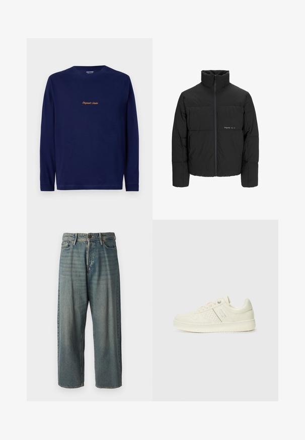 Černá péřová bunda s vysokým límcem, předním zipem a prošívaným designem. Hladká tkanina se subtilním logem na hrudi.; Námořnické tričko s dlouhým rukávem s vyšitým nápisem "Originals Studio" zlatou barvou na hrudi, umístěné na jednoduchém bílém pozadí.; Světle modré denimové džíny s volným střihem, středně vysokým pasem a rovnými nohavicemi. Obsahují pět kapes, poutka na opasek a zapínání na knoflík.; Světlé krémové tenisky s perforovanými detaily, šněrováním a logem na boku, vystavené na jednoduchém bílém pozadí.