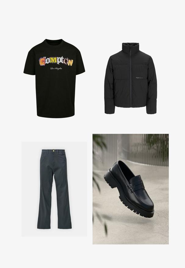 Zwarte pufferjas met een hoge kraag, ritssluiting aan de voorkant en een quilted design. Glad materiaal met een subtiel logo op de borst.; Zwarte T-shirt met korte mouwen, voorzien van kleurrijke, uitgesneden tekst "Compton Los Angeles" aan de voorkant. Gemaakt van katoen.; Zwarte broek met een rechte pijp, gemaakt van een katoenmix. Voorzien van een metalen knoopsluiting en zijzakken. Geen zichtbare patronen.; Zwarte leren instappers met een chunky loopzool, voorzien van een decoratieve band en stikseldetails. Gladde textuur met een gepolijste afwerking.
