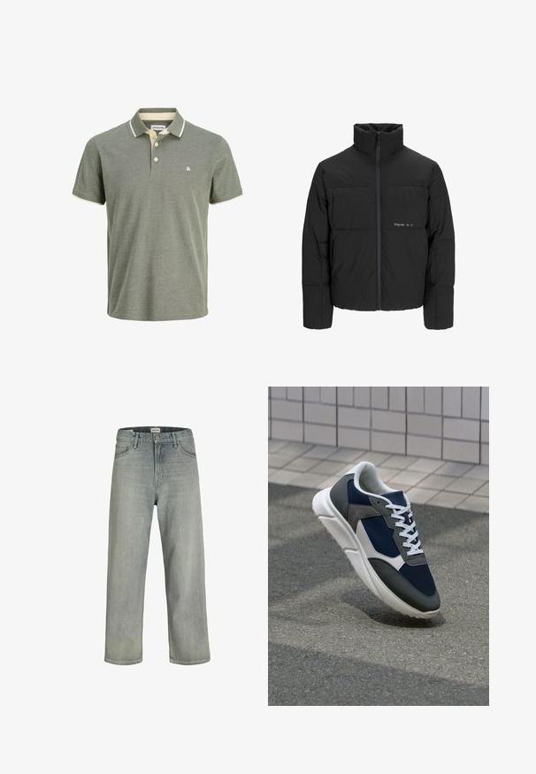 Jachetă puffer neagră, cu guler înalt, închidere cu fermoar pe față și design matlasat. Material neted cu un logo subtil pe piept.; Polo verde dintr-un material texturat, cu guler cu margine crem, diverse butoane pe plastron și un mic logo pe piept.; Jeans decolorate, cu croială confortabilă, realizate din denim. Prezentă un design clasic cu cinci buzunare, bucle pentru curea și o siluetă dreaptă.; Adidași cu un uppers din plasă albastră închisă, accente din suede gri, talpă din cauciuc alb și șireturi plate albe, concepuți pentru confort și respirabilitate.