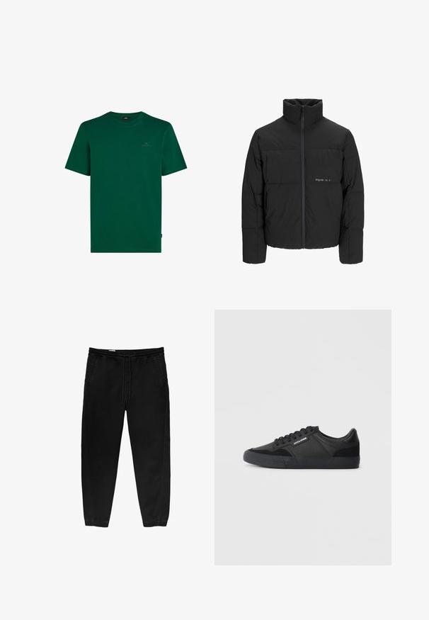 Črni pufast plašč z visokim ovratnikom, sprednjim zadrgo in prešitjem. Gladka tkanina z diskretnim logotipom na prsih.; Zeleno bombažno majico kratkih rokavov. Ima okrogel ovratnik in majhen logotip na prsih. Gladka tekstura, sproščen dizajn.; Črne hlače z elastičnim pasom in vrvico, ožji nogi, stranskimi žepi in subtilnimi detajli šivanja na straneh. Mehka bombažna tekstura tkanine.; Črne teniske, narejene iz kombinacije usnja in semiša, z okroglimi vezalkami, teksturiranim gumijastim podplatom in logotipom blagovne znamke na strani.