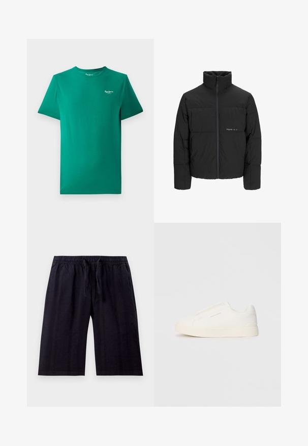 Juodas pūkinis švarkas su aukštu apykakle, priekiniais užtrauktukais ir kvadratinės siuvimo dizainu. Lygus audinys su subtiliu logotipu krūtinėje.; Žalia medvilninė trumpomis rankovėmis marškinėliai su apvalia iškirpte ir mažuoju baltu logotipu kairėje krūtinės pusėje. Pliušinis tekstūra, kasdieniškas dizainas.; Juodos, iki kelių ilgio šortai, pagaminti iš lengvos medžiagos. Turi elastinį juosmenį su raišteliu ir lygų paviršių. Paprastas dizainas.; Baltos slip-on sportbačiai su tekstūruota paviršiumi, storesniu padu ir minimalistišku dizainu. Šone matosi prekės ženklo logotipas.