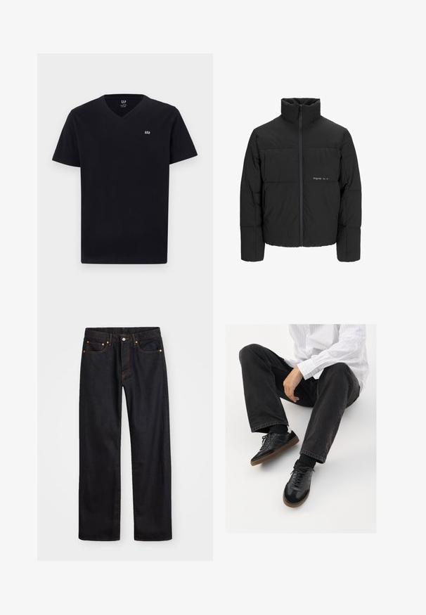 Black puffer jacket featuring a high collar, front zip closure, and quilted design. Smooth fabric with a subtle logo on the chest.; Black cotton t-shirt with a v-neck, short sleeves, and a small white embroidered logo on the left chest. Smooth texture, classic fit.; Men’s straight-leg black denim jeans with five pockets and orange stitching, button and zip closure on front waistband.; Black sneakers with a smooth and textured upper, featuring a rubber sole and dark laces. Paired with black jeans and a white striped shirt.