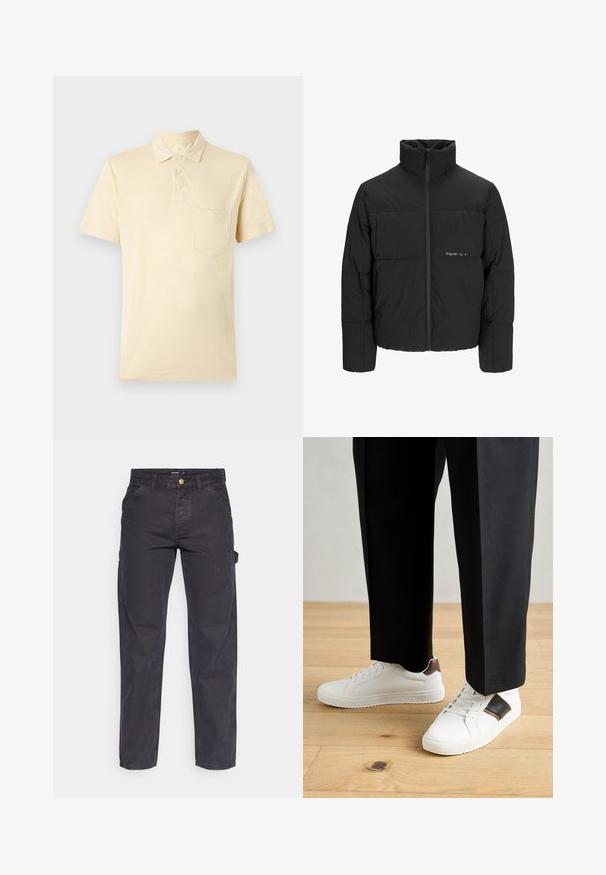 Juodas pūkinis švarkas su aukštu apykakle, priekiniais užtrauktukais ir kvadratinės siuvimo dizainu. Lygus audinys su subtiliu logotipu krūtinėje.; Šviesiai geltona trumpomis rankovėmis polo marškinėliai su apykakle, keturių mygtukų užsegimu ir kairiuoju krūtiniu kišeniuku. Tekstūruota medžiaga su subtiliu blizgesiu.; Tamsiai pilkos krovininės kelnės, pagamintos iš patvarios medžiagos, su tiesaus kirpimo, penkiomis kišenėmis ir mygtukiniu užtrauktuku liemens srityje.; Balti sportbačiai su glotnia danga, puošti rudais odiniais akcentais ir juodais detalėmis, derinami su juodais pritaikytais kelnėmis. Medinių grindų fonas.