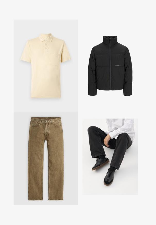 Svart puffjacka med hög krage, främre dragkedjestängning och quiltat mönster. Slätt tyg med en subtil logotyp på bröstet.; Ljusgul kortärmad polo t-shirt med krage, fyra knappar och en bröstficka på vänster sida. Strukturert tyg med en subtil glans.; Ljust bruna denimjeans med rak bendesign, femfickorsstil och kopparfärgad hårdvara. Texturerad tyg med synliga sömdetaljer.; Svarta sneakers med en slät och texturerad ovandel, med en gummisula och mörka snören. I kombination med svarta jeans och en vit randig skjorta.