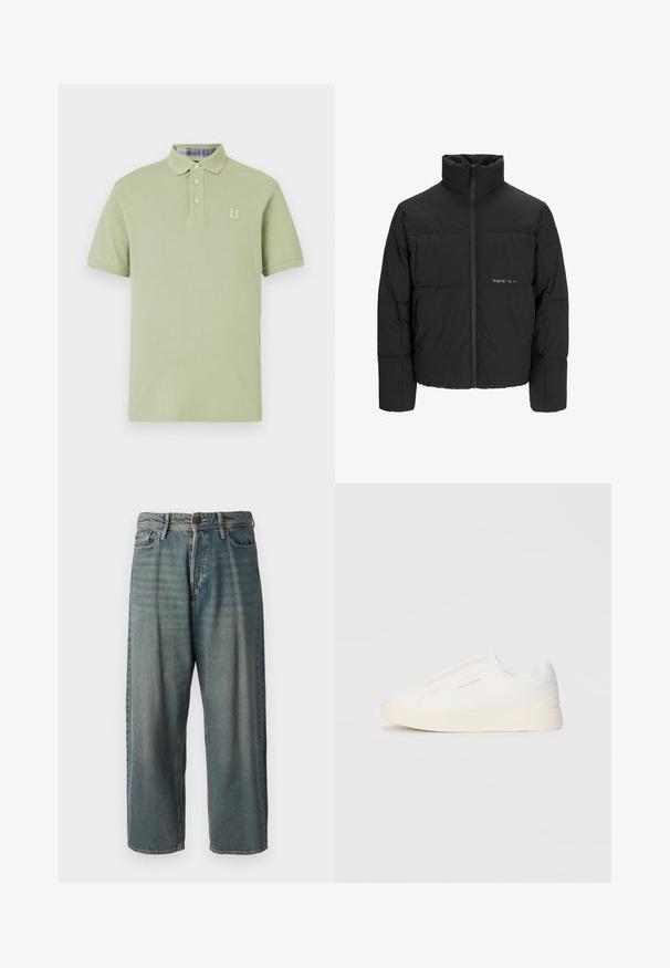 Črni pufast plašč z visokim ovratnikom, sprednjim zadrgo in prešitjem. Gladka tkanina z diskretnim logotipom na prsih.; Svetlo zelena polo majica s ovratnikom, tremi gumbi in majhnim vezenim logotipom; notranji ovratnik ima karo vzorec.; Svetlomoderne kavbojke z ohlapnim krojem, srednjim pasom in ravnimi nogami. Imajo pet žepov, zanke za pas in zapiranje na gumb.; Bele zapete brez vezalk z teksturirano površino, debelim podplatom in minimalističnim dizajnom. Na strani se nahaja logotip blagovne znamke.