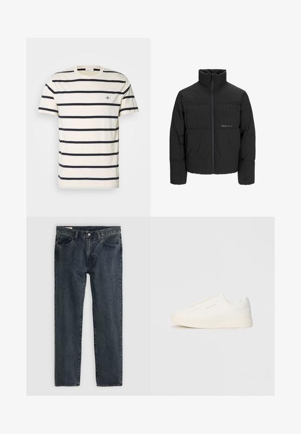 Black puffer jacket featuring a high collar, front zip closure, and quilted design. Smooth fabric with a subtle logo on the chest.; Men's short-sleeve T-shirt in cream with navy horizontal stripes, made from cotton, featuring a round neckline and small logo on the chest.; Dark blue denim jeans with a straight leg design, five pockets, and a button-fly closure. The fabric shows a subtle fade and texture.; White slip-on sneakers with a textured surface, a thick sole, and minimalistic design. Features brand logo on the side.