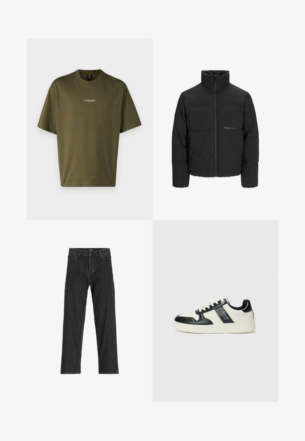 Fekete puff dzseki magas gallérral, elülső cipzárral és steppelt kialakítással. Simaságú anyag, finom logóval a mellkason.; Olívazöld pamut póló kerek nyakkal, rövid ujjal, és fehér nyomott "G-STAR RAW" logóval az elején. Simogató textúra.; Fekete farmernadrág egyenes szárú dizájnnal, cipzáras záródással, övhurkokkal és hat zsebbel, tartós pamut keverékből készült.; Fekete és krém színű bőrsneaker, perforált díszítésekkel, párnázott bokapánttal és texturált talppal.