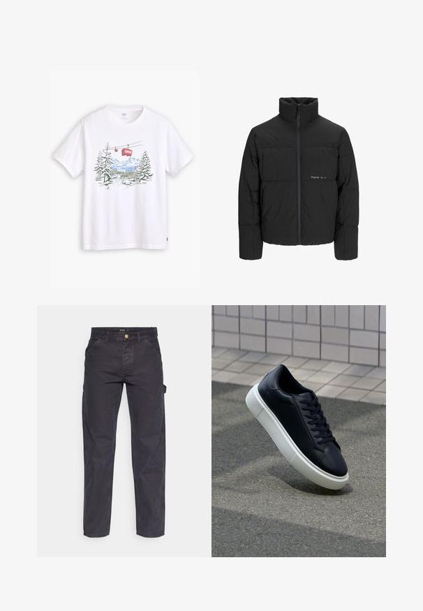 Mustra musta puffer-jakk, millel on kõrge krae, eesne tõmblukku ja tikandiga disain. Sile kangas, millel on rindkeres diskreetne logo.; Levi's® RELAXED FIT - Trükipildiga T-särk - white; Tumehallid cargo-püksid, mis on valmistatud vastupidavast kangast, sirge lõikega, viie tasku ja nupuga kinnitusega vööl.; Mustast nahast tennisetoss, millel on ümar nina ja valge kummist tall. Omab siredaid paelu ja minimaalset õmblemist ülemises osas. Tekstuuriga tald, mis tagab haakuvuse.