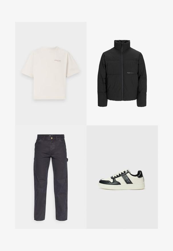 Musta puhvijakku, jossa on korkea kaulus, etuvetoketju ja tikattu muotoilu. Sileä kangas, jossa on hienovarainen logo rinnassa.; Lyhythihainen, pyöreäkauluksinen t-paita off-white-puuvillasta, jossa rinnan kohdalla vaaleanpunainen ”ADRIATIC SEA” -teksti. Rennon istuvuuden omaava ja sileä pinta.; Tummanharmaat cargo-housut, jotka on valmistettu kestävästä kankaasta. Niissä on suora lahkeellinen leikkaus, viisi taskua ja nappikiinnitys vyötäröllä.; Nahkakengät musta-kerma värimaailmassa, joissa on rei'itetyt yksityiskohdat, pehmustettu nilkkaosa ja teksturoitu pohja.