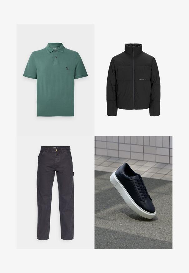 Schwarze Pufferjacke mit hohem Kragen, Front-Reißverschluss und gestepptem Design. Glattes Material mit dezentem Logo auf der Brust.; Grünes Baumwoll-Polohemd mit einem Kragen, zwei Knöpfen und einem kleinen schwarzen Logo auf der Brust. Kurzarm und gerade geschnitten.; Dunkelgraue Cargo-Hosen aus strapazierfähigem Stoff, mit geradem Bein, fünf Taschen und einem Knopfverschluss an der Taille.; Schwarze Leder-Sneaker mit runder Zehenpartie und weißer Gummisohle. Verfügt über flache Schnürsenkel und minimale Nähte im Obermaterial. Strukturiertes Sohlenprofil für besseren Halt.