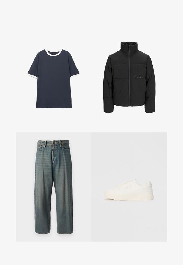 Črni pufast plašč z visokim ovratnikom, sprednjim zadrgo in prešitjem. Gladka tkanina z diskretnim logotipom na prsih.; Temno modra kratka majica s kratkimi rokavi s belim, okroglim izrezom in manšetami. Narejena iz gladkega materiala, ima sproščen kroj.; Svetlomoderne kavbojke z ohlapnim krojem, srednjim pasom in ravnimi nogami. Imajo pet žepov, zanke za pas in zapiranje na gumb.; Bele zapete brez vezalk z teksturirano površino, debelim podplatom in minimalističnim dizajnom. Na strani se nahaja logotip blagovne znamke.