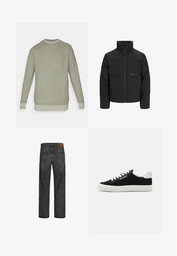 Czarna kurtka puchowa z wysokim kołnierzem, z przodu na zamek błyskawiczny i pikowanym wzorem. Gładki materiał z subtelnym logo na piersi.; Jasnozielony sweter z teksturowanym wzorem, prążkowanym dekoltem i mankietami oraz gładkim wykończeniem. Posiada minimalne detale z subtelnym logo.; Czarne dżinsy denimowe o prostym kroju, styl pięciu kieszeni oraz brązowa skórzana łatka przy pasie. Teksturowana tkanina z detalami przeszycia.; Jack & Jones JFWMORDEN czarny