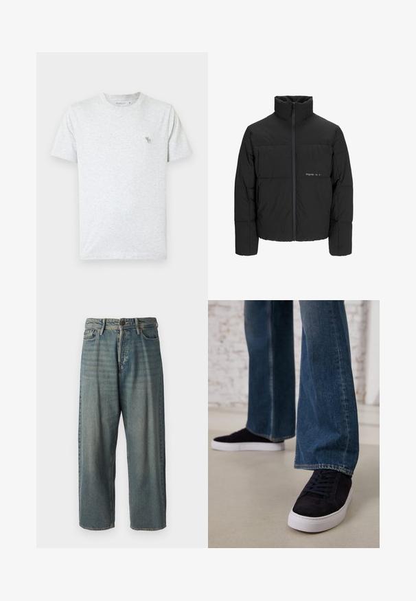 Črni pufast plašč z visokim ovratnikom, sprednjim zadrgo in prešitjem. Gladka tkanina z diskretnim logotipom na prsih.; Svetlo siva majica kratkih rukava iz mekog pamuka, s okruglim izrezom. Mali zeleni logotip životinje na gornjem levom delu grudi.; Svetlomoderne kavbojke z ohlapnim krojem, srednjim pasom in ravnimi nogami. Imajo pet žepov, zanke za pas in zapiranje na gumb.; Temno modri semiš športni copati z belo gumijasto podplatom in vezalkami, v kombinaciji z širokimi jeans hlačami v srednje modrem pranju.