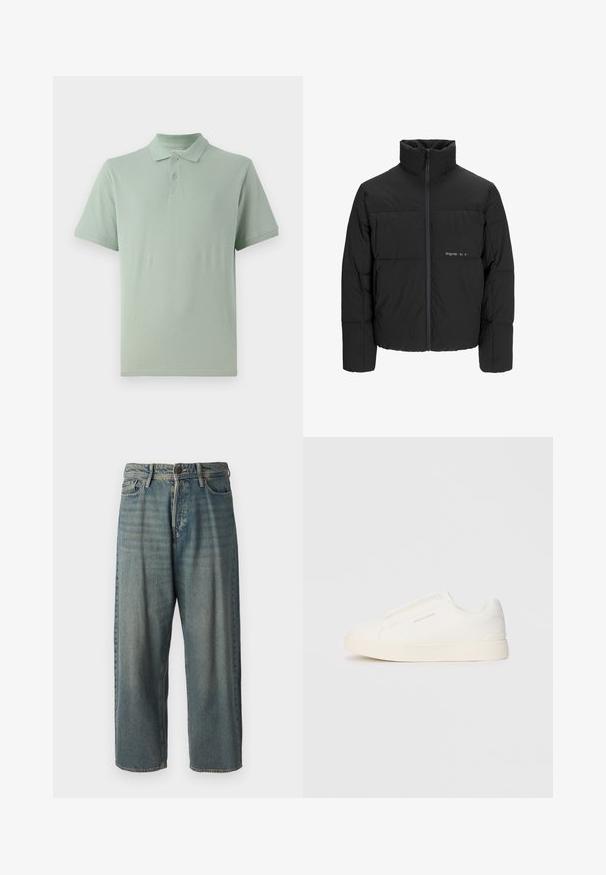 Black puffer jacket featuring a high collar, front zip closure, and quilted design. Smooth fabric with a subtle logo on the chest.; Light green polo shirt made of cotton, featuring a classic collar, two-button placket, and short sleeves with a subtle logo detail.; Light blue denim jeans with a loose fit, mid-rise waist, and straight legs. Features five pockets, belt loops, and a button closure.; White slip-on sneakers with a textured surface, a thick sole, and minimalistic design. Features brand logo on the side.
