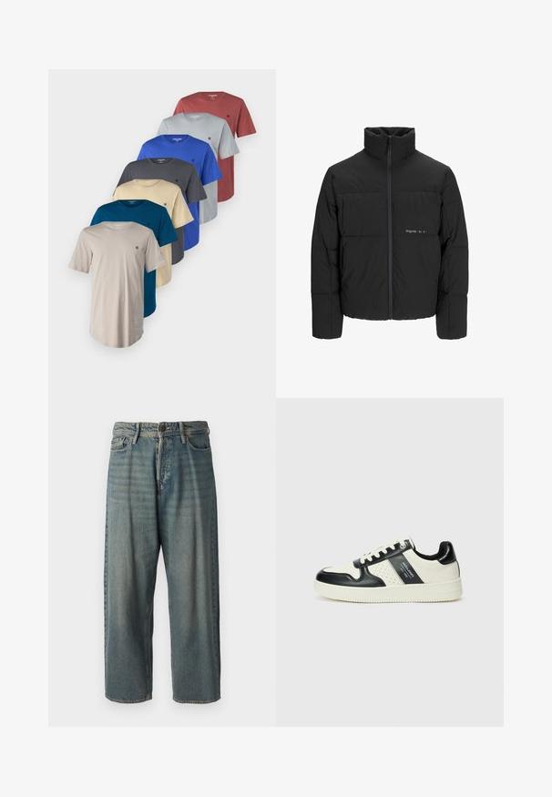 Mustra musta puffer-jakk, millel on kõrge krae, eesne tõmblukku ja tikandiga disain. Sile kangas, millel on rindkeres diskreetne logo.; Jack & Jones JPRBLABRODY TEE 7 PACK - Lihtne T-särk - royal blue/black/beige/grey/dark red; Heledad sinine denim-stiilis teksad, volüümse lõike, keskmise kõrgusega talje ja sirgete säärega. Omab viit taskut, vöökumme ja nööpide sulgemist.; Nahatud nahkkingad musta ja kreemi värviskeemiga, millel on perforeeritud aktsendid, pehme krae ja tekstureeritud tallad.