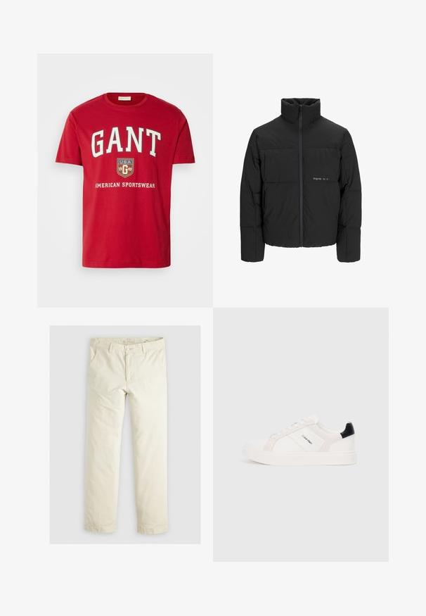 Mustra musta puffer-jakk, millel on kõrge krae, eesne tõmblukku ja tikandiga disain. Sile kangas, millel on rindkeres diskreetne logo.; Punane puuvillane T-särk, millel on julge valge "GANT" logo, kilp "USA 1949" ja "AMERICAN SPORTSWEAR" tekst all. Klassikaline ümmargune kaelus.; Heledadbež püksid, millel on lõtv istuvus, kolm taskut, vöökohad ja sirge lõikega disain. Valmistatud pehmest puuvillasegust materjalist.; Valge tossud heleda roosa ja musta aktsendiga, mis sisaldavad sileda naha ja nubukpaneele, ümarat varvust ja lamedat kummitalda.