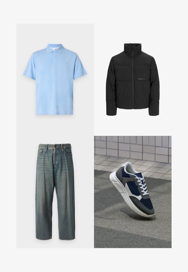 Juodas pūkinis švarkas su aukštu apykakle, priekiniais užtrauktukais ir kvadratinės siuvimo dizainu. Lygus audinys su subtiliu logotipu krūtinėje.; Šviesiai mėlynas polo marškinėlis pagamintas iš medvilnės, su klasikiniu apykakle, trumpomis rankovėmis ir mažo logotipo ant krūtinės. Lygi tekstūra.; Šviesiai mėlyni džinsai su laisvu siluetu, vidutinio aukščio juosmeniu ir tiesiomis kojomis. Su penkiais kišenėmis, diržo kilpo ir mygtukų uždarymu.; Sportiniai bateliai su tamsiai mėlynu tinkliniu viršumi, pilkais zomšiniais akcentais, balta guma padanga ir plokščiomis baltomis raištelėmis, sukurti komfortui ir oro pralaidumui.