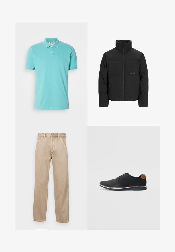 Črni pufast plašč z visokim ovratnikom, sprednjim zadrgo in prešitjem. Gladka tkanina z diskretnim logotipom na prsih.; Turkizna polo majica, bombažni material, kratki rukavi, zapenjanje na dva dugmeta, diskretno izvezeno logo na grudima, gladka tekstura.; Beige jeans iz džinsa s ravnim nogavicama, ki imajo sprednje žepe, kovinsko zapiranje in subtilno teksturo.; Črne sintetične čevlje z teksturirano zgornjščino, gladkimi akcenti, rjavim petnim delom in kontrastnim podplatom. Imajo minimalno vezanje in detajle šivanja.