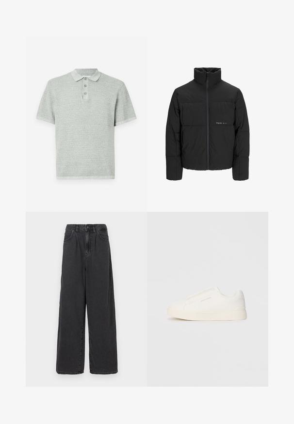 Mustra musta puffer-jakk, millel on kõrge krae, eesne tõmblukku ja tikandiga disain. Sile kangas, millel on rindkeres diskreetne logo.; Lühikeste varrukatega polo särk heledas hallis, valmistatud tekstuursest materjalist. Omab kraed kolme nupuga ja sirget äärt.; Laiad, kõrgema vöökohaga mustad denimipüksid, millel on ees nupuga ja tõmblukuga sulgemine, külgpocketid ja sile tekstuur.; Valged libisemiskindlad tossud tekstuuriga pinnaga, paksu tallaga ja minimalistikus disainis. Küljel on brändi logo.