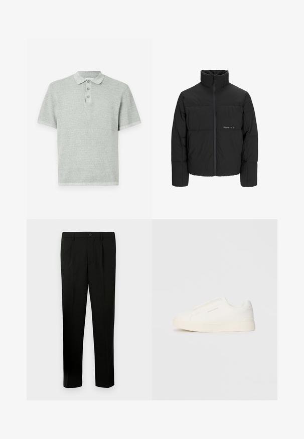 Svart puffjacka med hög krage, främre dragkedjestängning och quiltat mönster. Slätt tyg med en subtil logotyp på bröstet.; Kortärmad polotröja i ljusgrått, tillverkad av textilerat material. Har en krage med tre knappar och en rak nederkant.; Svart skräddarsydda byxor med flat front, två veck, knappstängning, sidofickor och rak benpassform. Tillverkade av ett slätt tyg.; Vita slip-on sneakers med en texturerad yta, en tjock sula och minimalistisk design. Har varumärkeslogotypen på sidan.