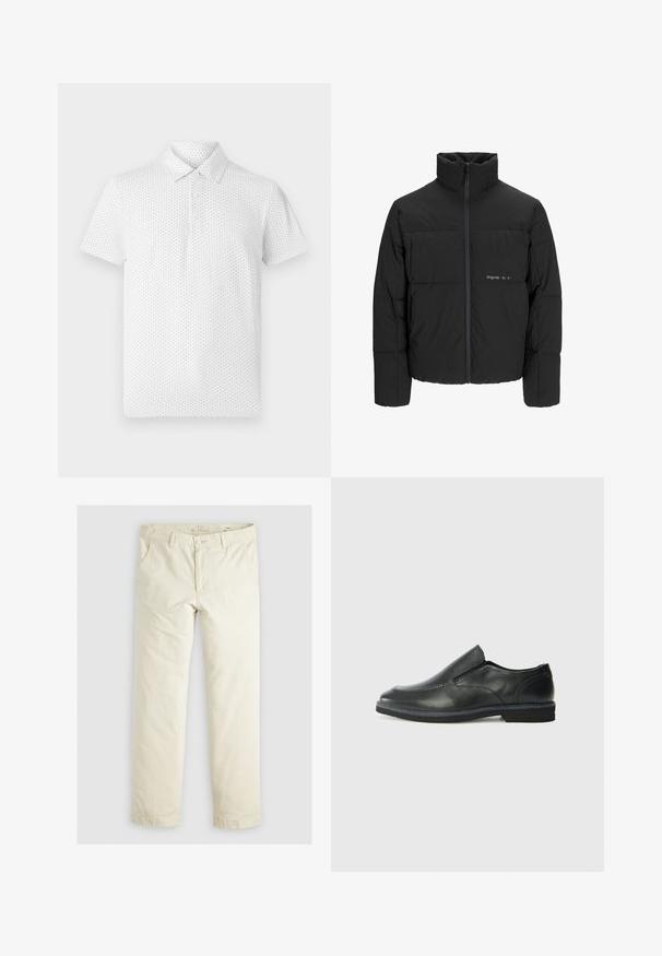 Musta puhvijakku, jossa on korkea kaulus, etuvetoketju ja tikattu muotoilu. Sileä kangas, jossa on hienovarainen logo rinnassa.; Valkoinen lyhythihainen polo-paita, jossa on pieni geometrinen kuvio, kolme nappia kauluksessa ja klassinen leikkaus. Valmistettu hengittävästä kankaasta.; Vaaleanbeige löysäntuftiset housut, joissa on kolme taskua, vyölenkit ja suora lahje. Valmistettu pehmeästä puuvillasekoitekankaasta.; Musta nahkainen liukujalkine, jossa on sileä pinta, ommeltuja yksityiskohtia, pyöristetty kärki ja matala kumipohja. Pohjassa on minimaalinen pito.