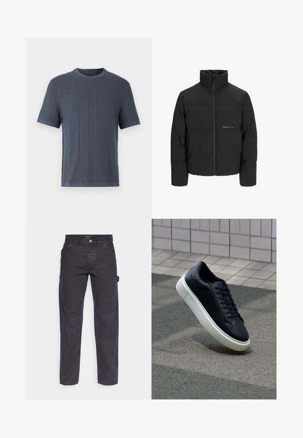 Giubbotto bomber nero con colletto alto, chiusura frontale con zip e design trapuntato. Tessuto liscio con un logo discreto sul petto.; T-shirt a maniche corte, con scollo rotondo, di colore grigio scuro, caratterizzato da un design a coste testurizzate e polsini solidi. Finitura del tessuto liscia.; Pantaloni cargo grigio scuro realizzati in tessuto resistente, con un taglio dritto, cinque tasche e chiusura a bottoni in vita.; Sneaker in pelle nera con punta arrotondata e suola in gomma bianca. Presenta lacci piatti e cuciture minime sulla parte superiore. Suola testurizzata per una migliore aderenza.